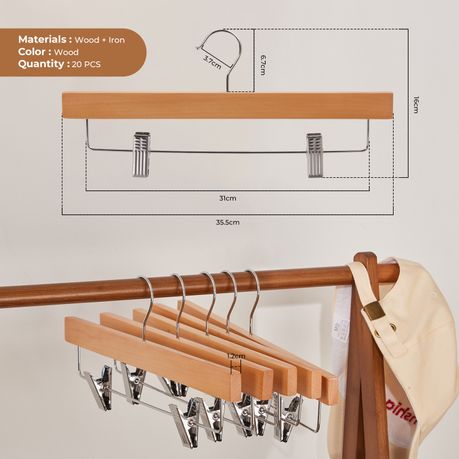 Chenshia 20Pc Wooden Hangers Pants Skirt Hangers Adjustable Non-Slip Clips