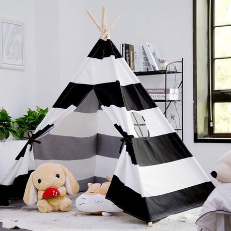 Kids Teepee Tent Cotton Canvas Indoor Playroom Playhouse Nook - Black & White