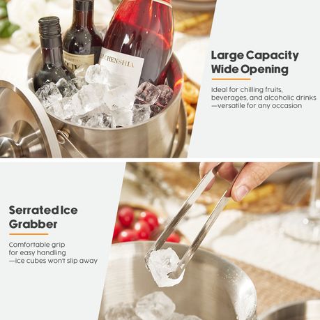 3L Stainless Steel Double Wall Ice Bucket with Lid, Tongs & Strainer