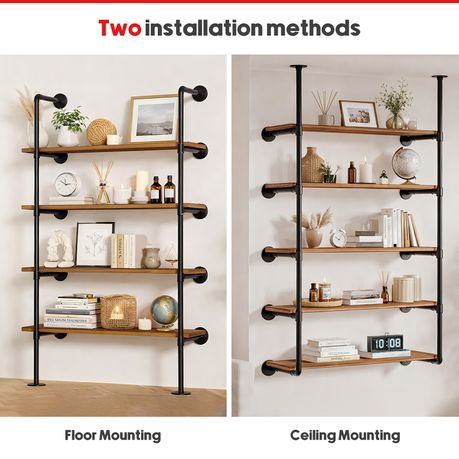 Chenshia 5-Tier Industrial Wall Mount Iron Pipe Shelving Bracket DIY Shelf