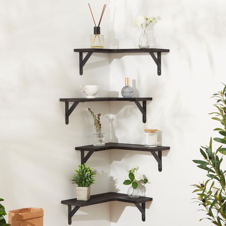 Wall Mounted Floating Corner Shelf Wooden Storage Rack Display Unit - 4 Pack