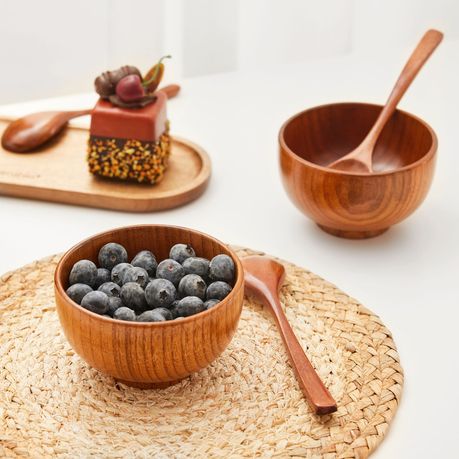 Wooden Poke Bowls Miso Soup Bowl Acai Smoothie Bowl Spoons Set - 6 bowls & 6 spoons