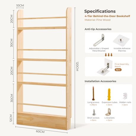 Solid Pine Kids Bookshelf | 4-Tier Front-Facing Display Rack