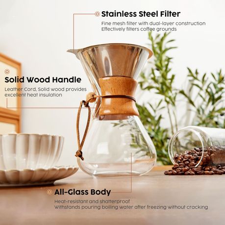 Chenshia 1L Glass Pour Over Coffee Maker Stainless Steel Filter & Wood Grip