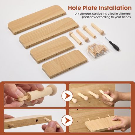Full-Length Sliding Mirror with Solid Wood Pegboard & Hooks Storage