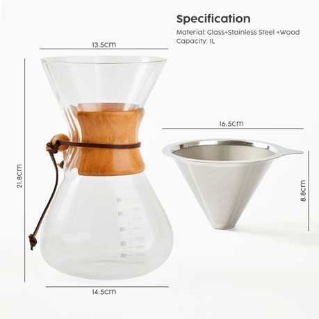 Chenshia 1L Glass Pour Over Coffee Maker Stainless Steel Filter & Wood Grip
