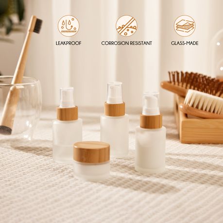 Bamboo Glass Cosmetic Containers Travel Skincare Toiletry Bottle Kit