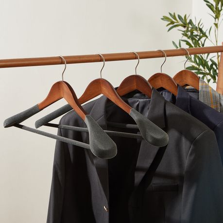 Wide Velvet Wood Hangers Nonslip Clothes Rack for Suit Coat Jacket - Dark brown