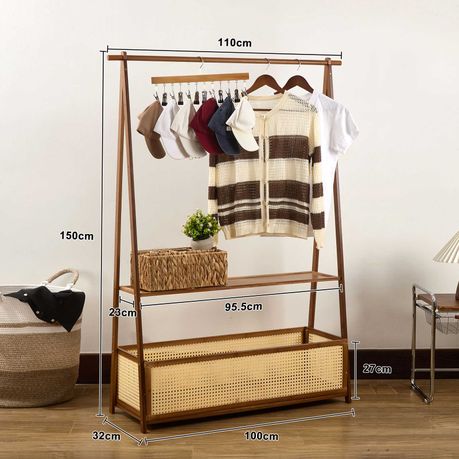 Bamboo Clothing Rack with Rattan Basket & Wheels