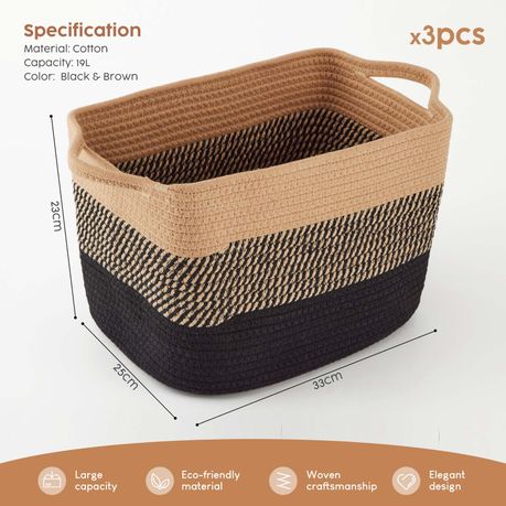 Black & Brown Cotton Rope Storage Basket Set (3 Piece)
