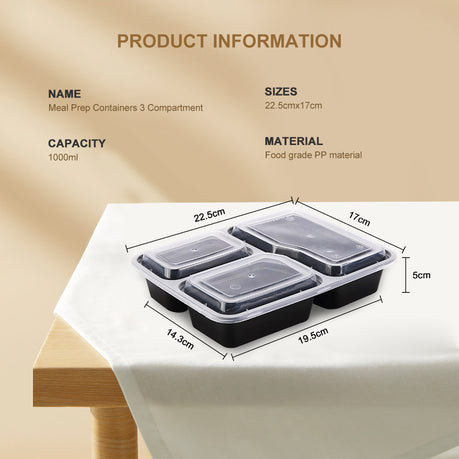Chenshia 10Pc Meal Prep Container Set - 3 Compartment Lunch Boxes - 1000ml