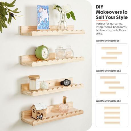 Wooden Wall-Mounted Floating Bookshelf - 4-Pack
