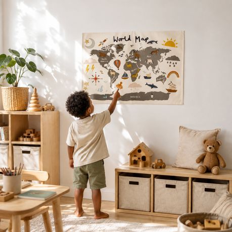 Cotton Kids Wall Poster | World Map with Animals | 70 × 48 cm