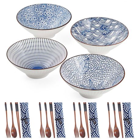 Chenshia 16pc Japanese Ramen Bowl Set 800ml & Wood Cutlery Kit