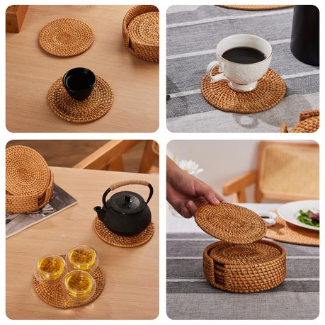 6Pc Boho Drink Coasters Handwoven Round Drink Mats