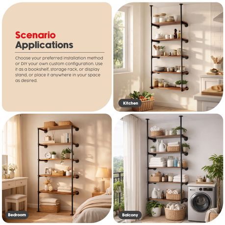 5-Tier Iron Pipe Open Shelf Storage Office Kitchen Floating Rack