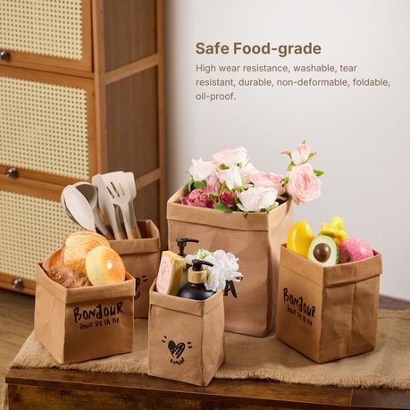 5Pc Washable Kraft Paper Storage Bags with Writing