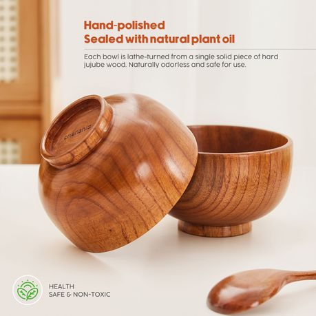 Wooden Poke Bowls Miso Soup Bowl Acai Smoothie Bowl Spoons Set - 6 bowls & 6 spoons