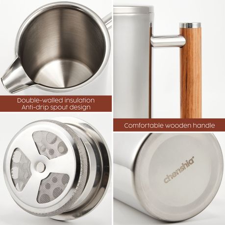 1L Stainless Steel French Press Coffee Maker - Silver