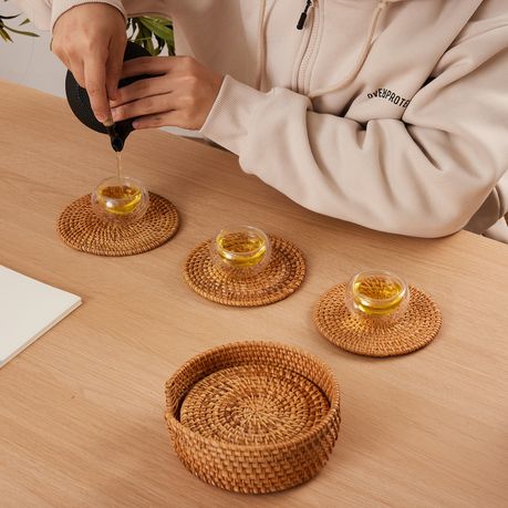 6Pc Boho Drink Coasters Handwoven Round Drink Mats