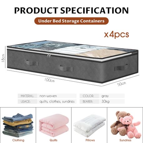 Chenshia 90L Underbed Storage Containers Clothes Blankets Winter & Handles - Grey