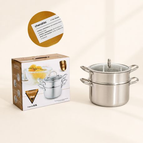 Stainless Steel Steamer Pot with Glass Lid - 5.8 L