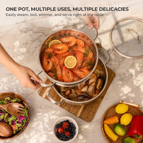 Stainless Steel Steamer Pot with Glass Lid - 5.8 L