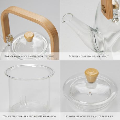 1L Borosilicate Glass Teapot with Bamboo Handle & Glass Infuser