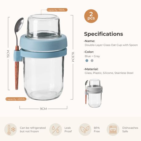 2-Pack Glass Overnight Oats Jars with Lids & Spoons | 450 ml + 115 ml Topping Cup