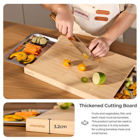 Bamboo Cutting Board with 2 Pull-Out Stainless Steel Trays
