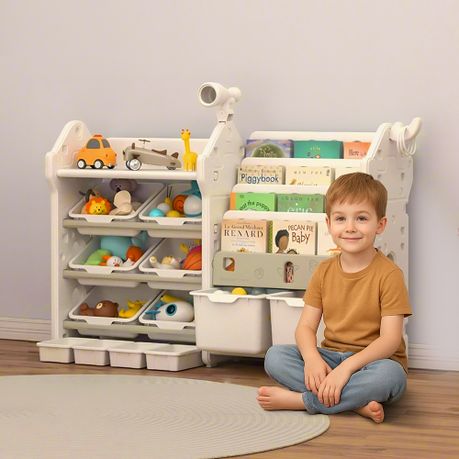 2-in-1 Kids Bookshelf Toy Storage Organizer with 12 Removable Bins