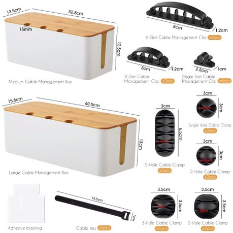 Airtight Cable Storage Box Set of 2 with Bamboo Lids | White