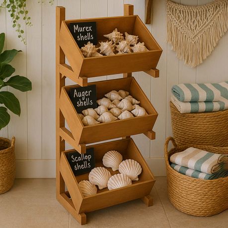 3-Tier Pine Wood Basket Display Stand Storage Shelf