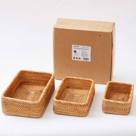 Rattan Storage Baskets 3Pc Handwoven Rectangular Nesting Wicker Trays