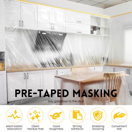 Masking Film Paint Cover Pre-Taped Plastic Drop Cloth - Furniture Protector Covers