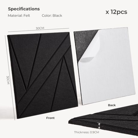 Black Self-Adhesive Acoustic Felt Panels | 12-Pack | 30 × 30 cm