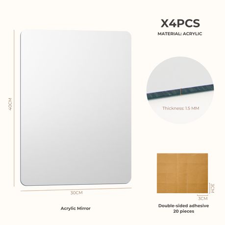 4pc Acrylic Mirror Tiles Peel and Stick