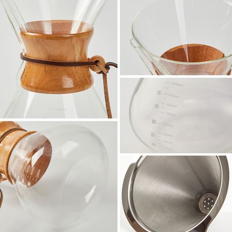 Chenshia 1L Glass Pour Over Coffee Maker Stainless Steel Filter & Wood Grip