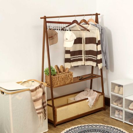 Bamboo Clothing Rack with Rattan Basket & Wheels