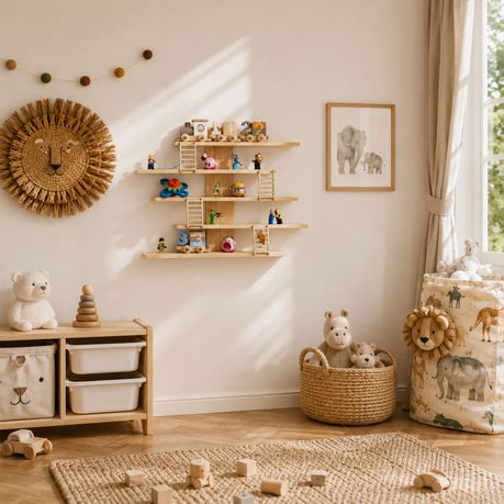 5-Tier Natural Pine Wood Floating Toy Display Shelf