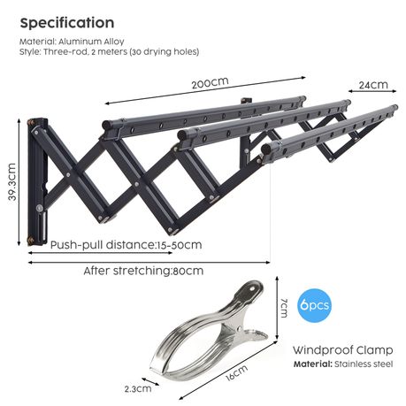 2m Wall-Mounted Aluminium Drying Rack with Windproof Clips