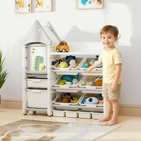 4-Tier Kids Toy Storage Organizer Cabinet with Bins & Drawing Board