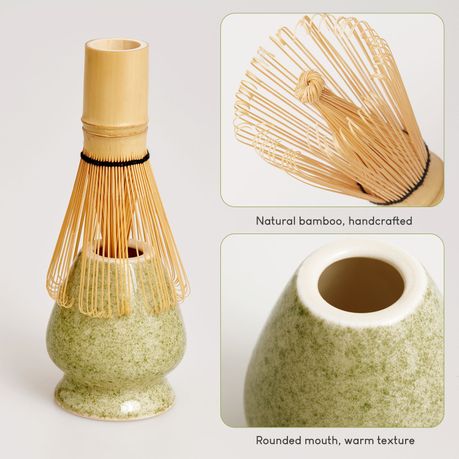 Japanese Matcha Gift Set - 4Pc Ceramic Bowl, Bamboo Whisk & Stand Spout