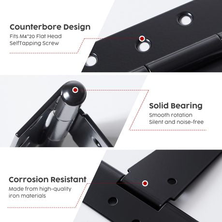 Heavy-Duty Black T-Strap Tee Hinges - 6 Pack