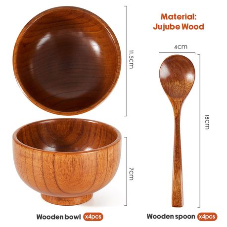 Wooden Poke Bowls Miso Soup Bowl Acai Smoothie Bowl Spoons Set - 6 bowls & 6 spoons