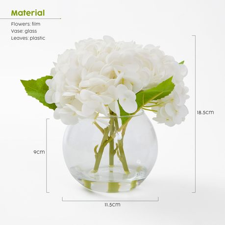 Artificial Hydrangea Flowers with Clear Glass Vase