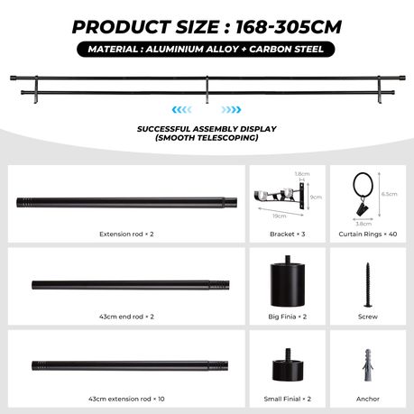 Double Curtain Rod Set Heavy Duty Steel Adjustable Wall-Mount Rod