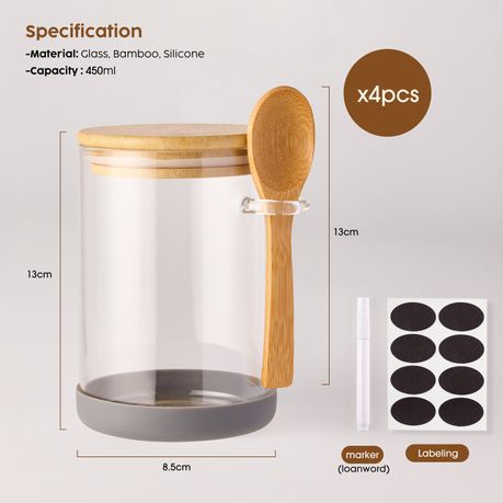 450ml Airtight Glass Jars with Bamboo Lids - 4 Pack
