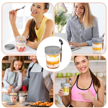 350ml Glass Overnight Oats Jars with Lids and Spoons - 2 Pack