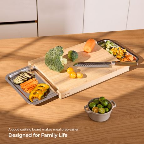 Bamboo Cutting Board with 2 Pull-Out Stainless Steel Trays